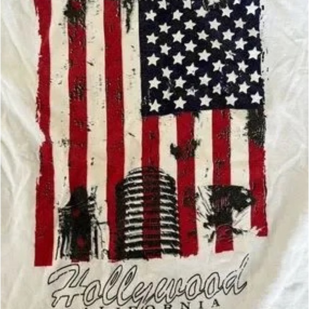 White Graphic Tee with American Flag and Palm Trees - Picture 2 of 3